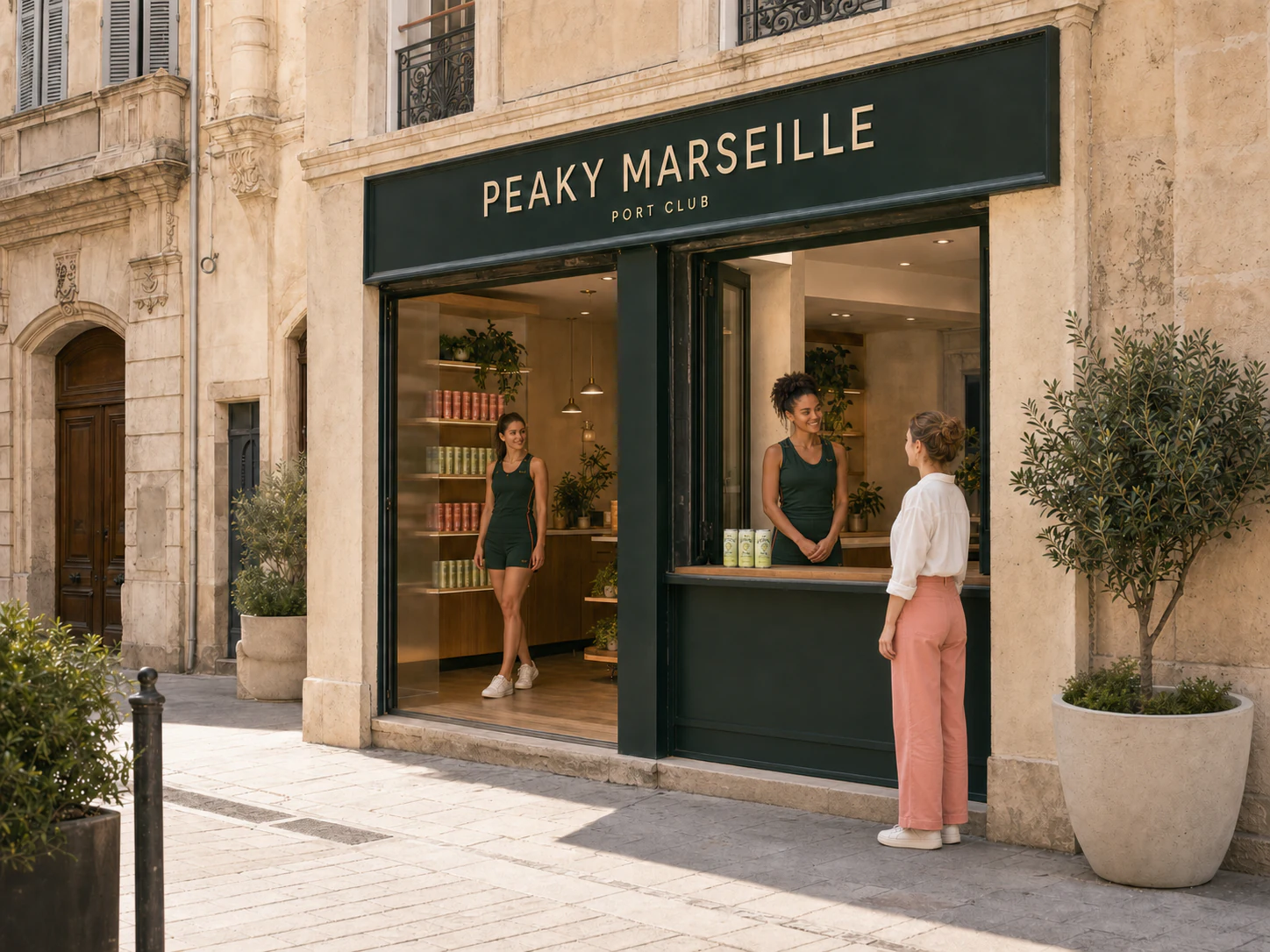 L'équipe du concept store PEAKY Marseille accueillant une visiteuse près du Vieux-Port